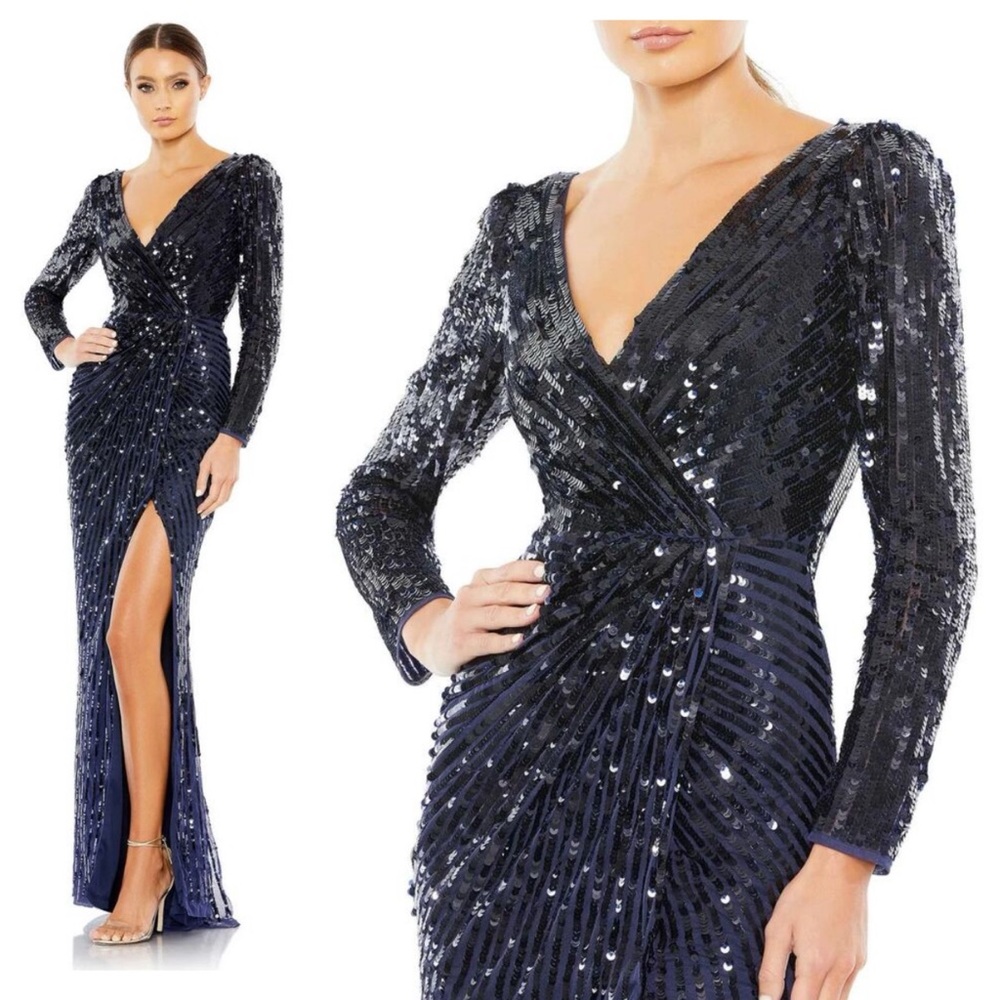 Mac Duggal Navy Sequin Long Sleeve Dress
